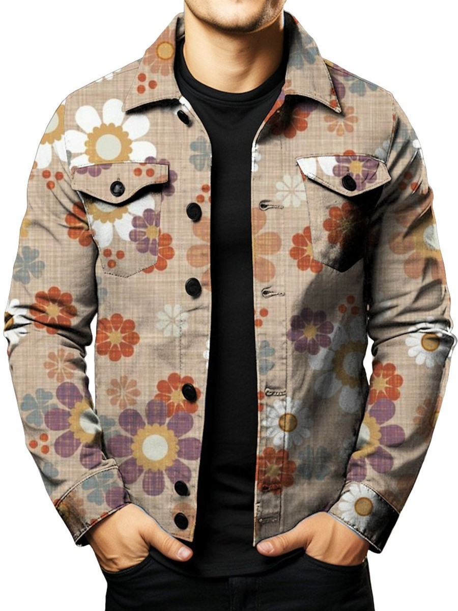 Men DJ Jacket | Vintage Floral Print Double Pocket Single Breasted Jacket Khaki