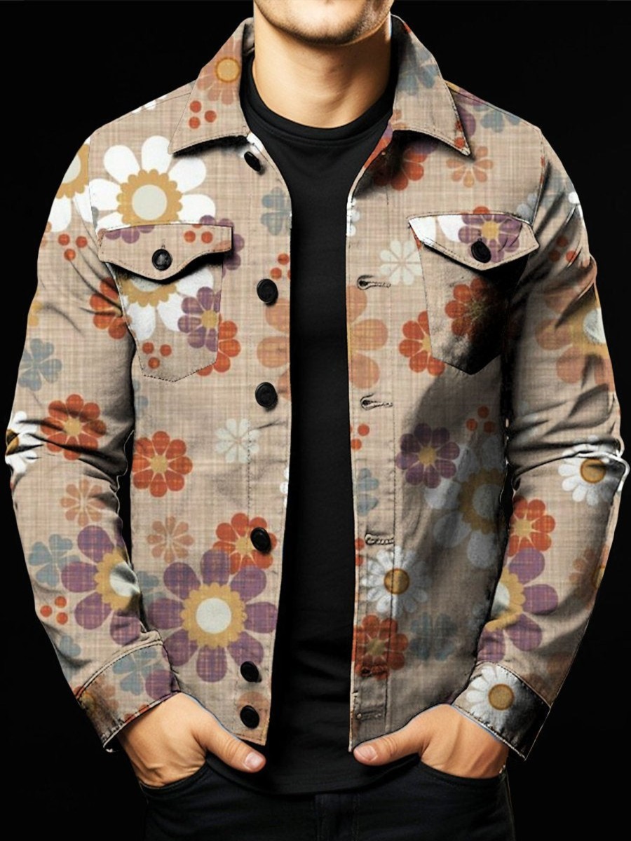 Men DJ Jacket | Vintage Floral Print Double Pocket Single Breasted Jacket Khaki