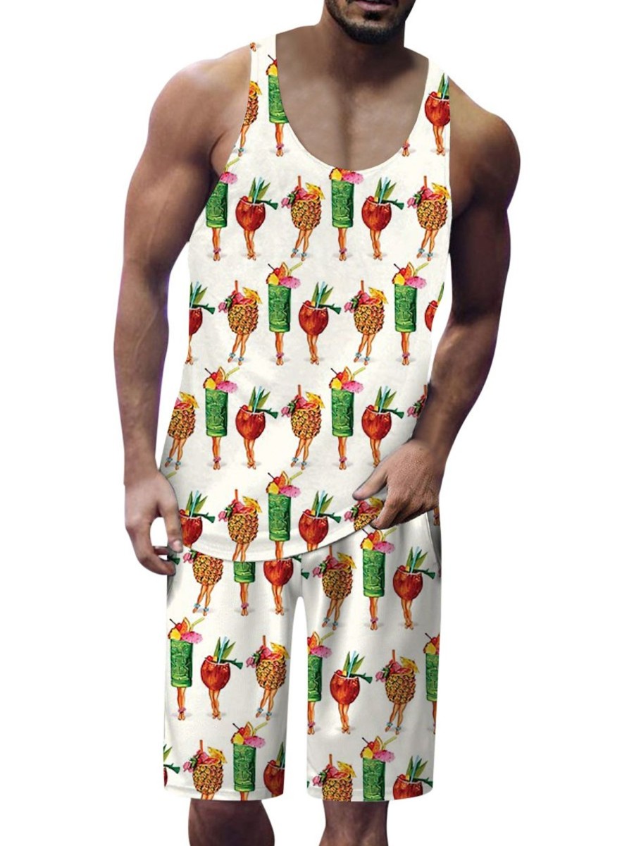 Men DJ Set | Fun Hawaiian Tiki Print Round Neck Tank Top And Shorts Two-Piece Set