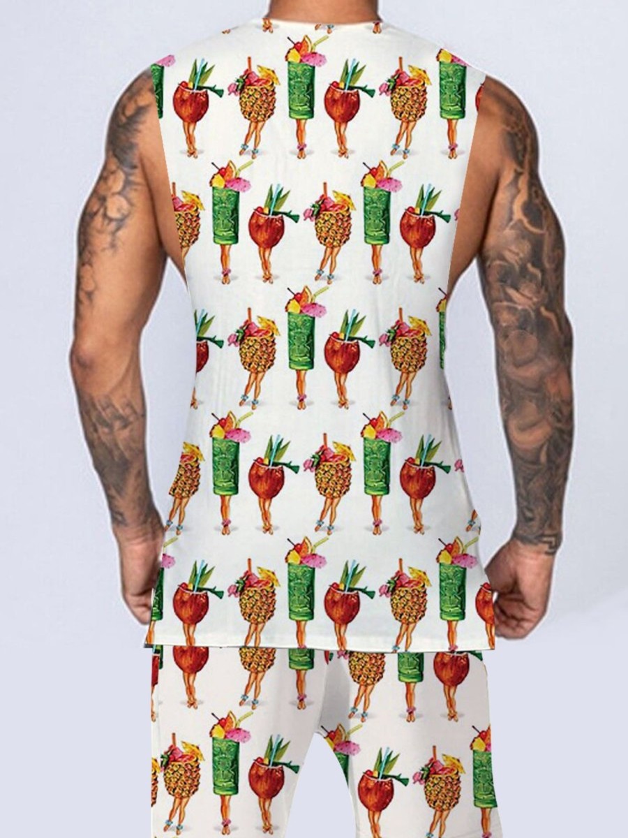 Men DJ Set | Fun Hawaiian Tiki Print Round Neck Tank Top And Shorts Two-Piece Set