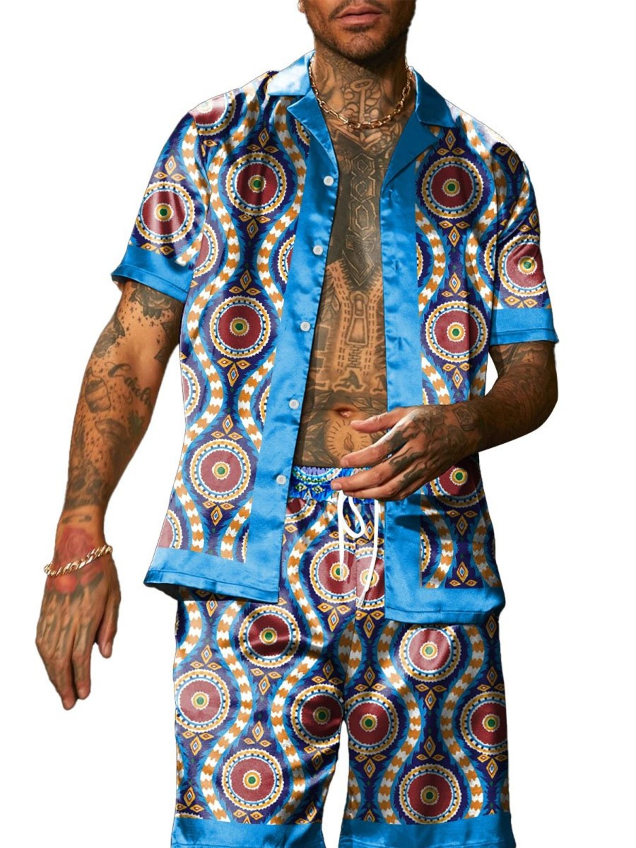 Men DJ Set | Retro Ethnic Geometric Print Short-Sleeved Shirt And Shorts Two-Piece Set Photo Color