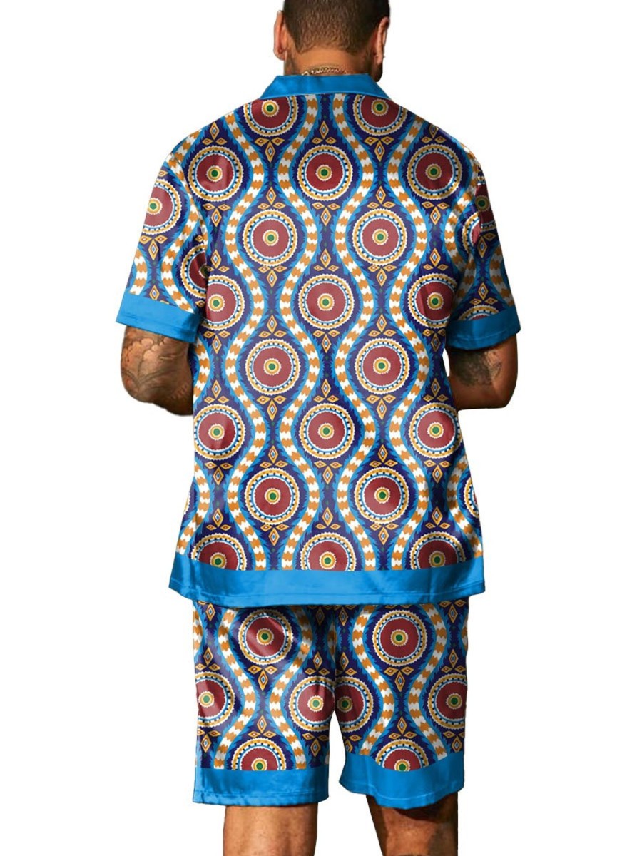 Men DJ Set | Retro Ethnic Geometric Print Short-Sleeved Shirt And Shorts Two-Piece Set Photo Color