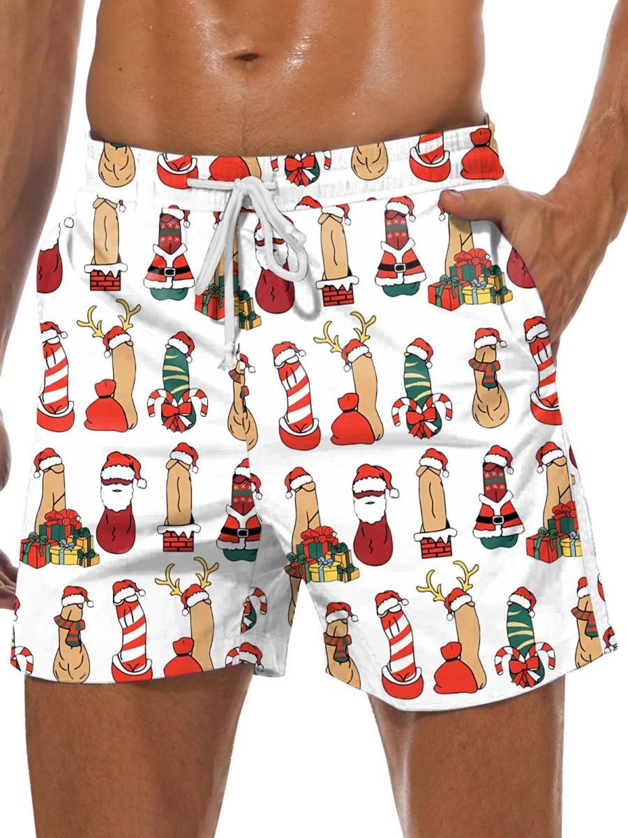 Men DJ Bottoms | Cartoon Christmas Cocks Toy Print Casual Lace-Up Shorts