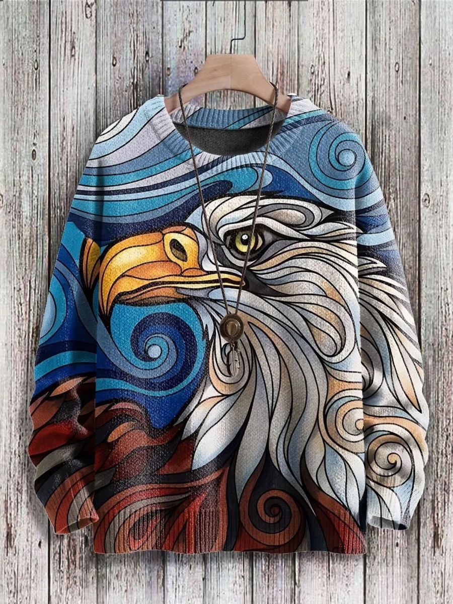 Men BXL Print Sweater | Fun Abstract Geometric Art Eagle Print Knitted Pullover Sweater Photo Color