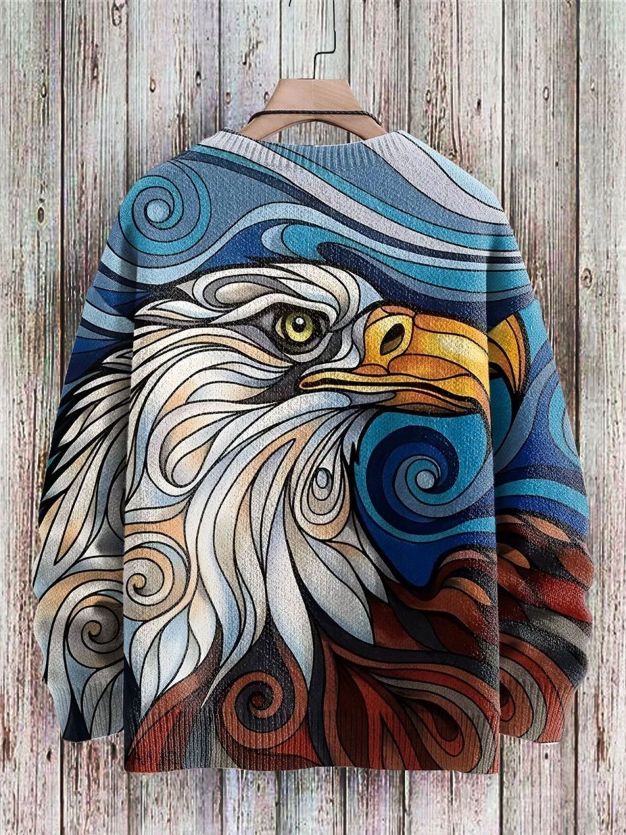 Men BXL Print Sweater | Fun Abstract Geometric Art Eagle Print Knitted Pullover Sweater Photo Color