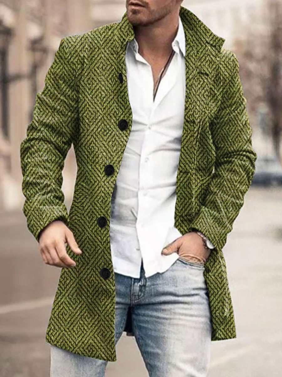 Men BXL Print Jacket | Men'S Retro Geometric Woolen Single-Breasted Casual Coat Green