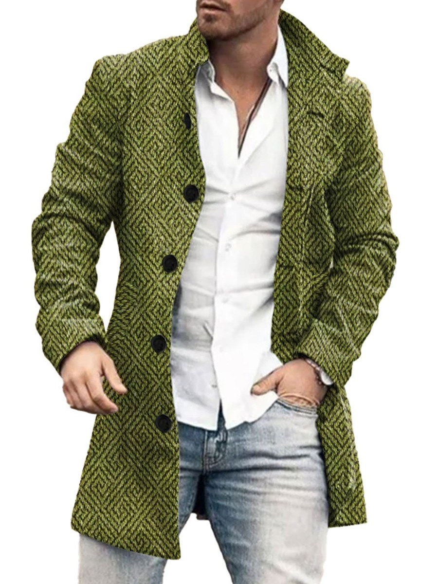 Men BXL Print Jacket | Men'S Retro Geometric Woolen Single-Breasted Casual Coat Green