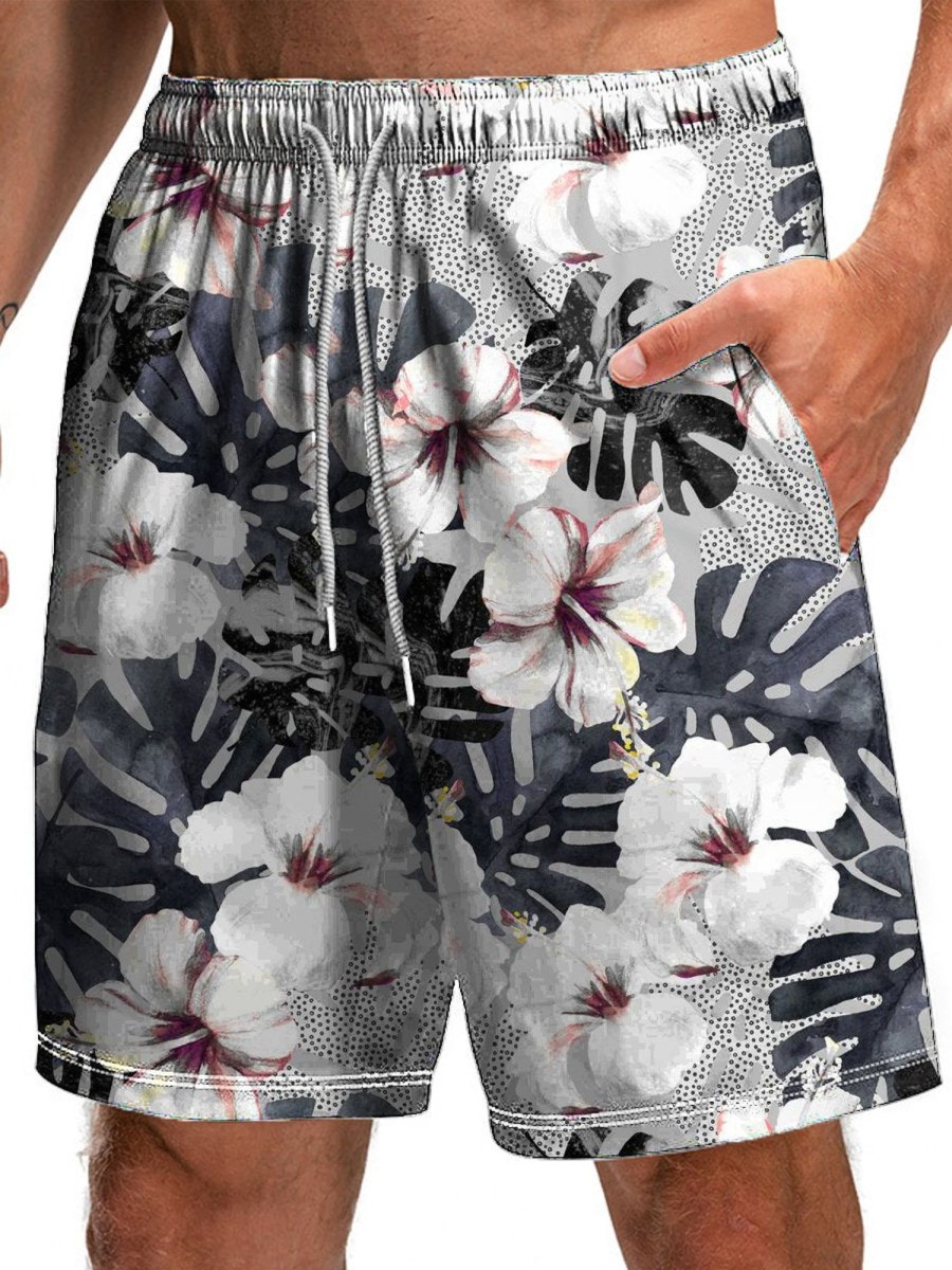 Men HLJ Shorts | Men'S Tropical Hibiscus Beach Shorts Grey