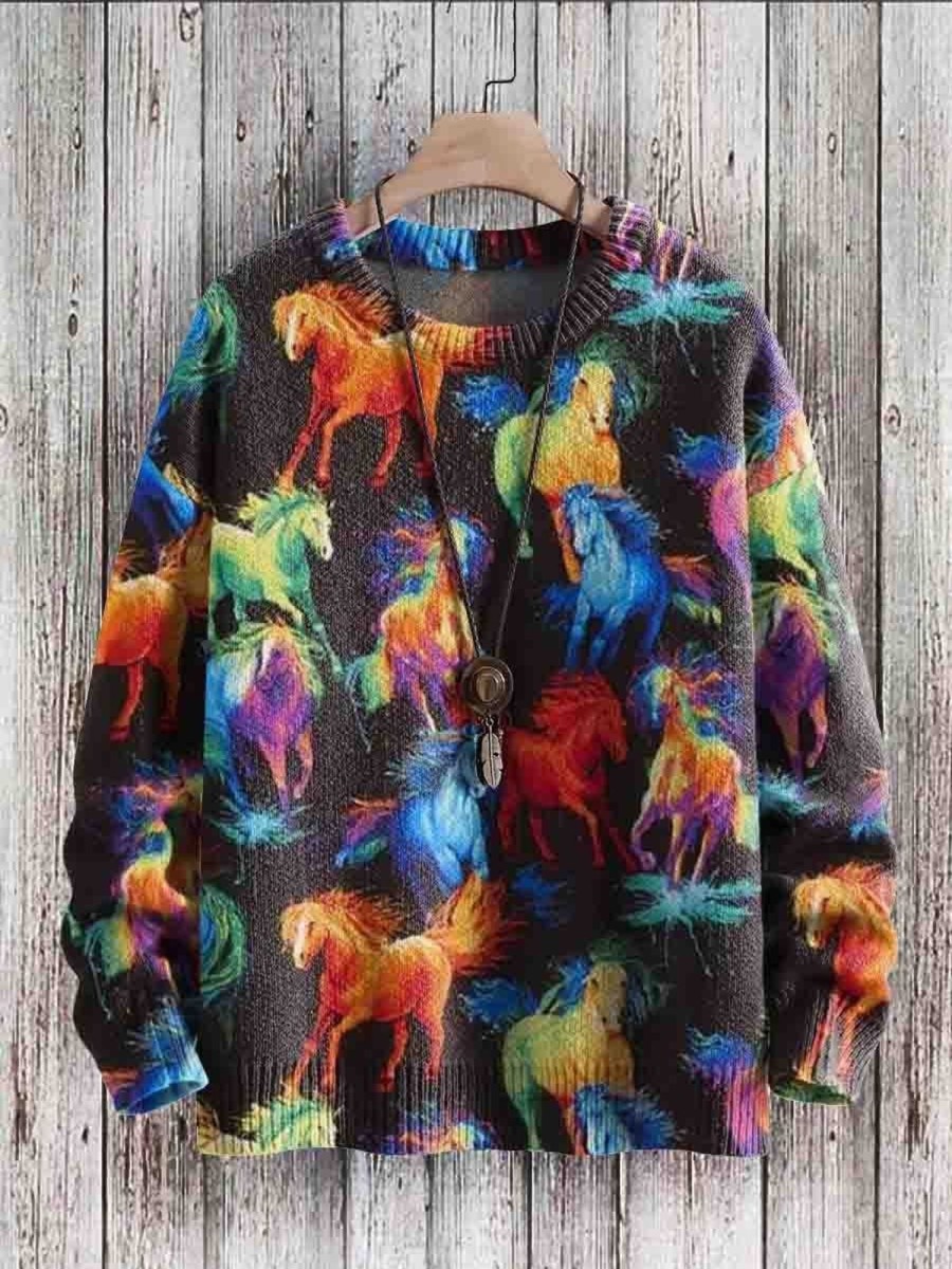 Men DJ Print Sweater | Vintage Horse Art Print Casual Knit Pullover Sweater Photo Color