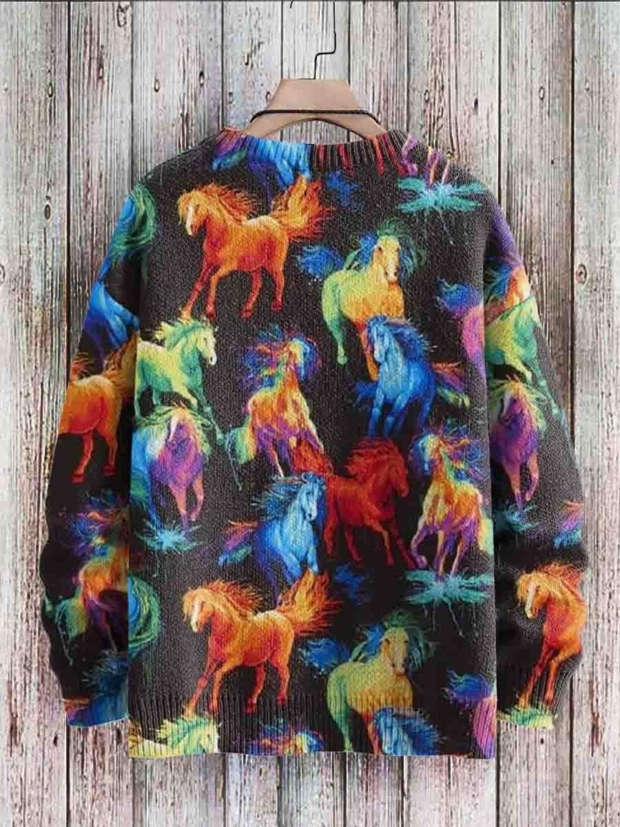 Men DJ Print Sweater | Vintage Horse Art Print Casual Knit Pullover Sweater Photo Color