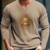 Men DJ Print Sweater | V-Neck Bear Print Casual Pullover Knitted Sweater Khaki