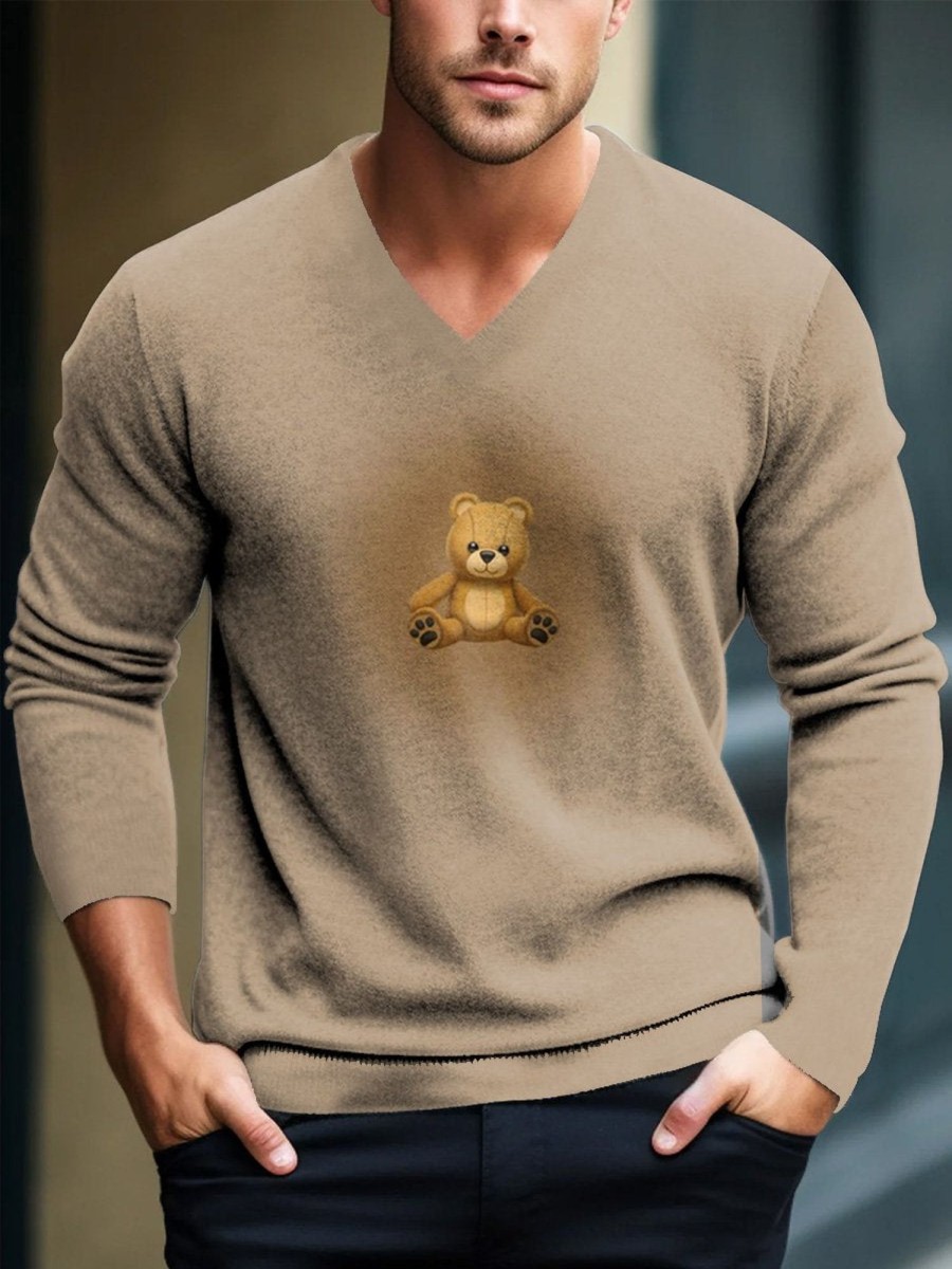 Men DJ Print Sweater | V-Neck Bear Print Casual Pullover Knitted Sweater Khaki