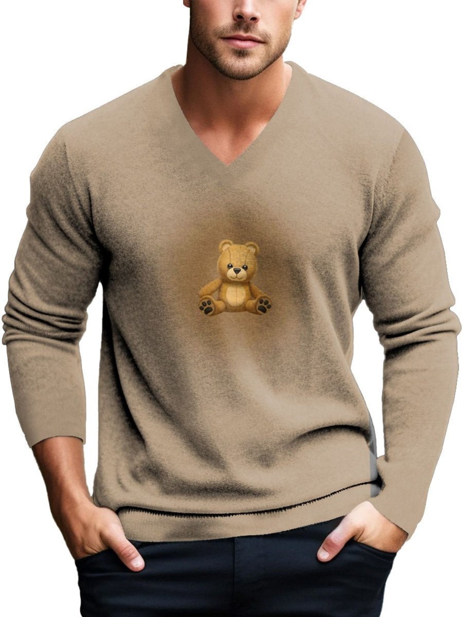 Men DJ Print Sweater | V-Neck Bear Print Casual Pullover Knitted Sweater Khaki