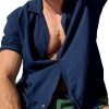 Men DJ Casual Short Sleeve Shirts | Solid Color Versatile Casual Lapel Short-Sleeved Shirt Navy Blue