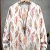 Men LJC Print Sweater | Watercolor Leaf Print Casual Knitted Pullover Sweater White