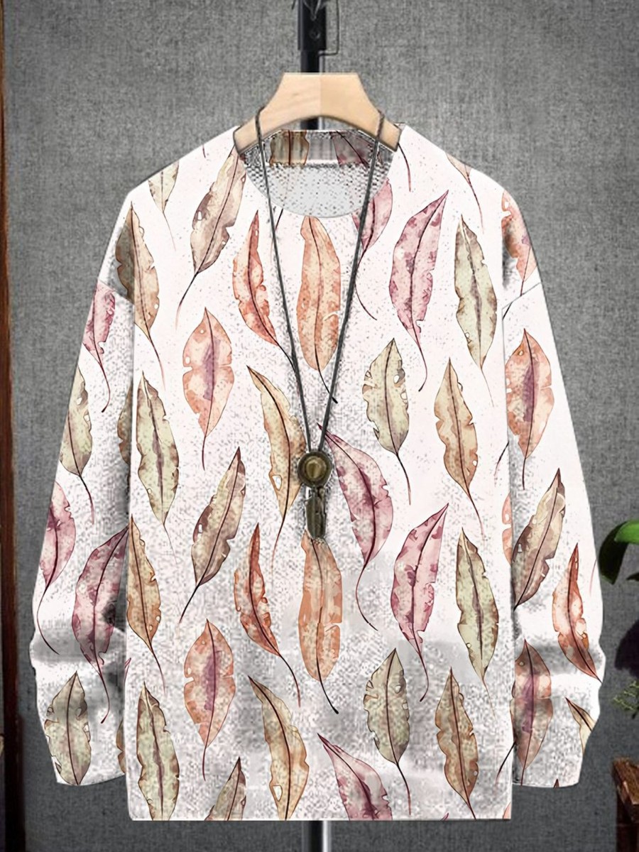 Men LJC Print Sweater | Watercolor Leaf Print Casual Knitted Pullover Sweater White