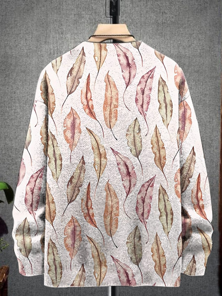 Men LJC Print Sweater | Watercolor Leaf Print Casual Knitted Pullover Sweater White