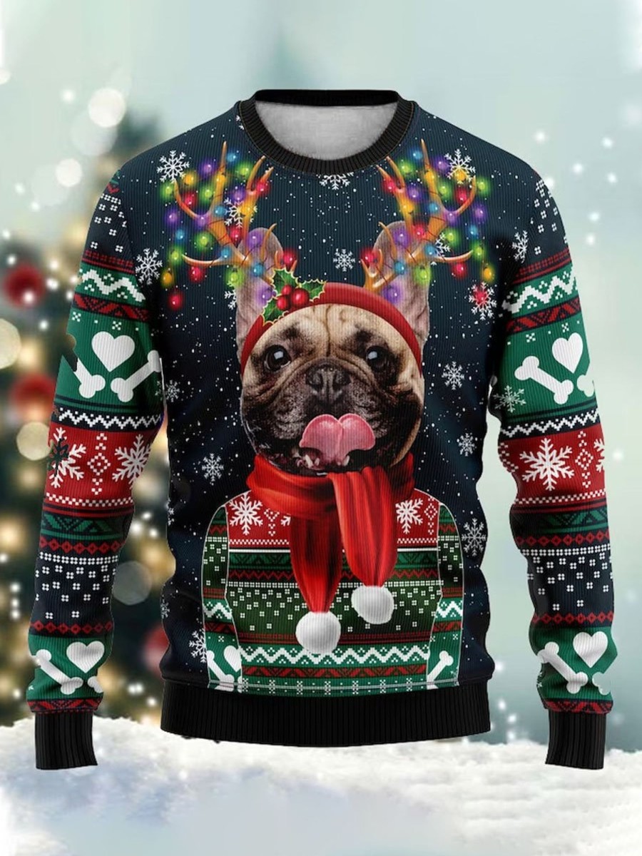 Men DJ Ugly Sweater | Christmas Puppy Print Casual Crew Neck Sweatshirt Photo Color