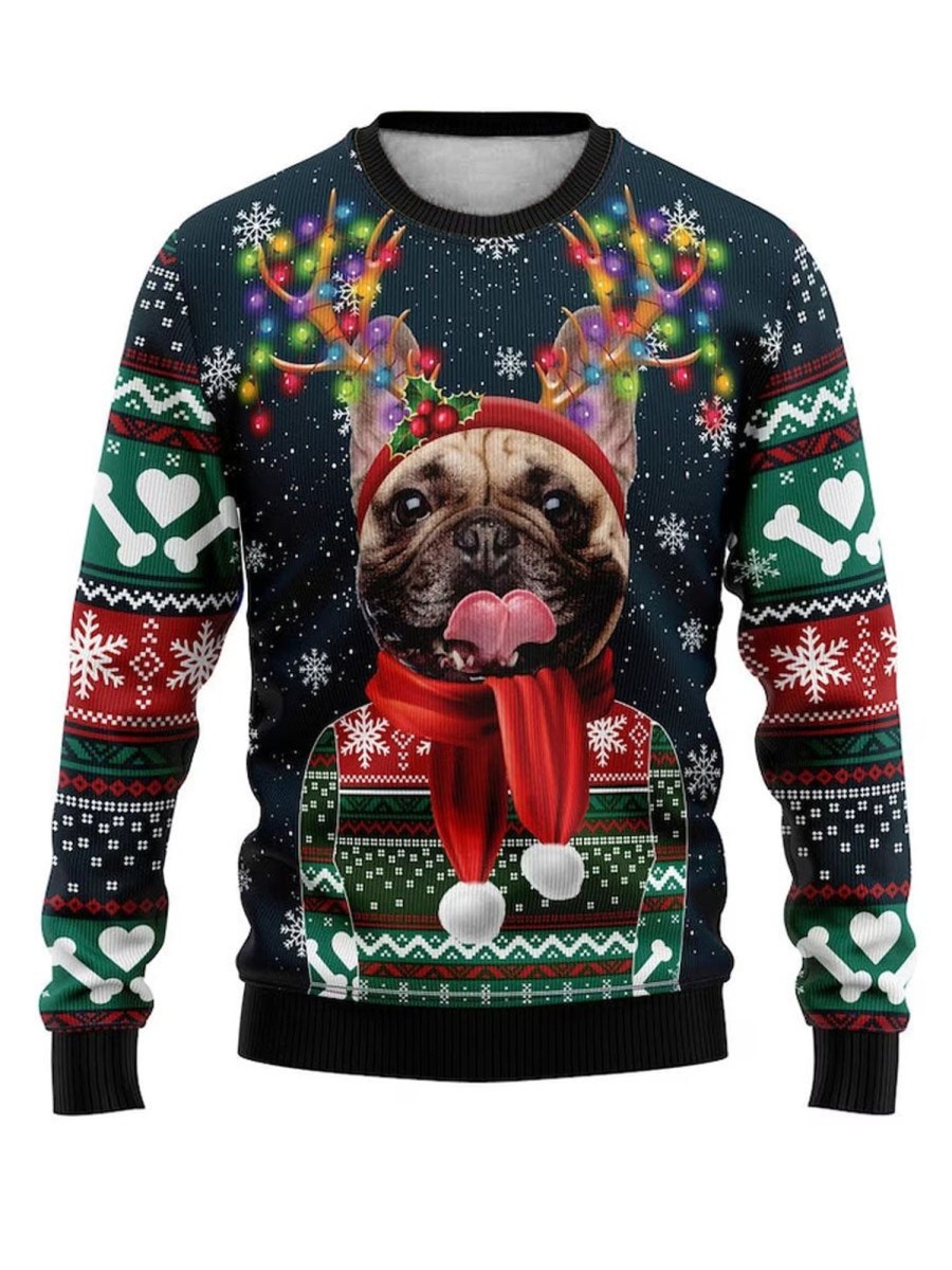 Men DJ Ugly Sweater | Christmas Puppy Print Casual Crew Neck Sweatshirt Photo Color