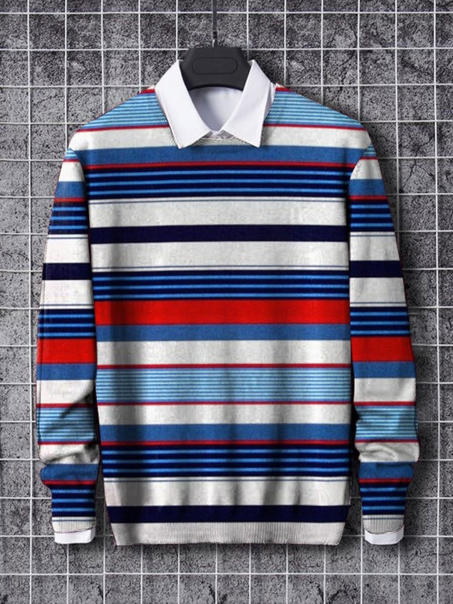 Men BXL Print Sweater | Men'S Contrast Striped Casual Knitted Pullover Sweater Blue