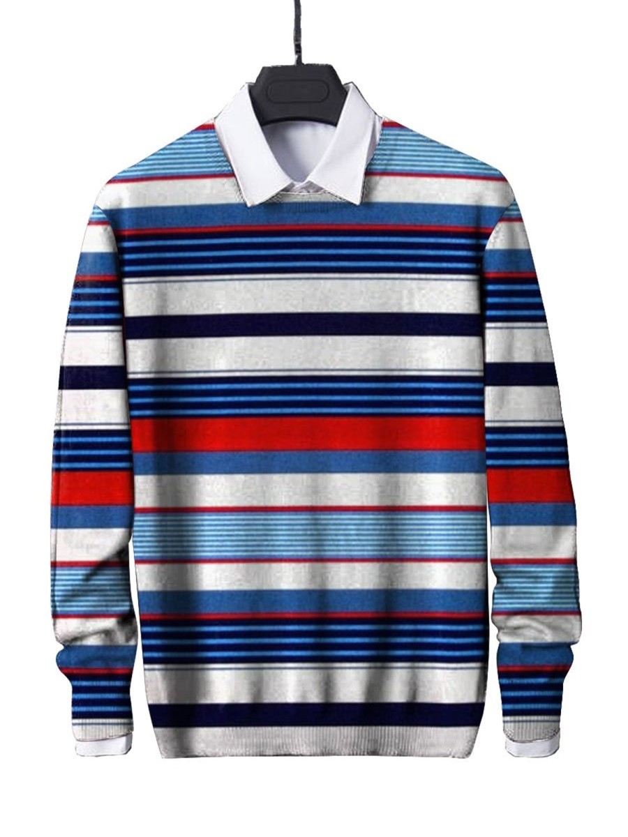 Men BXL Print Sweater | Men'S Contrast Striped Casual Knitted Pullover Sweater Blue