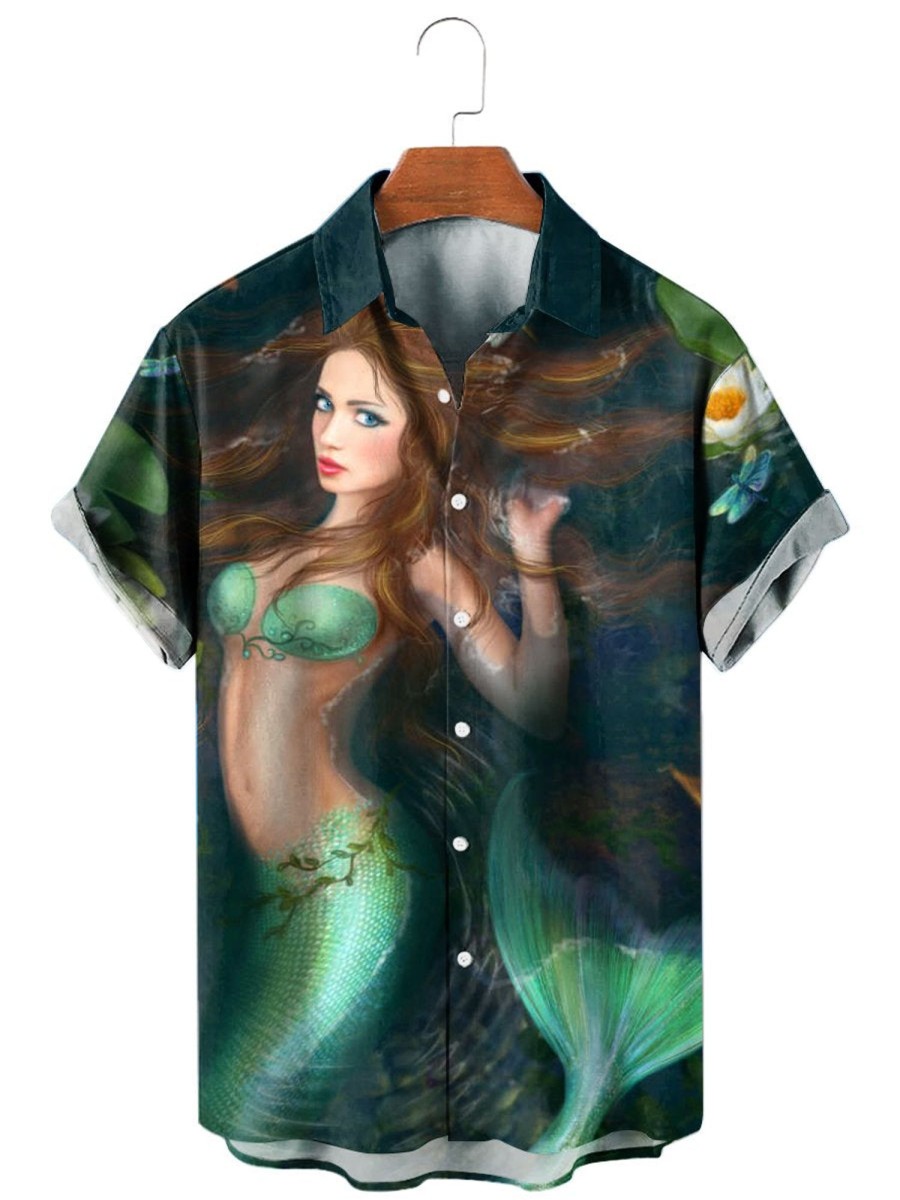 Men HLJ Shirts | Mermaid Resort Style Casual Short Sleeve Shirt Dark Green