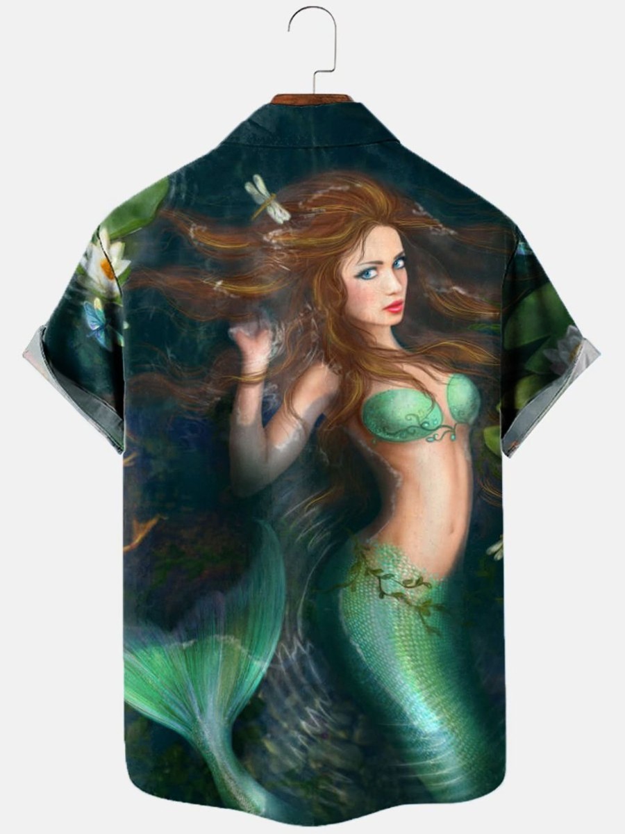 Men HLJ Shirts | Mermaid Resort Style Casual Short Sleeve Shirt Dark Green