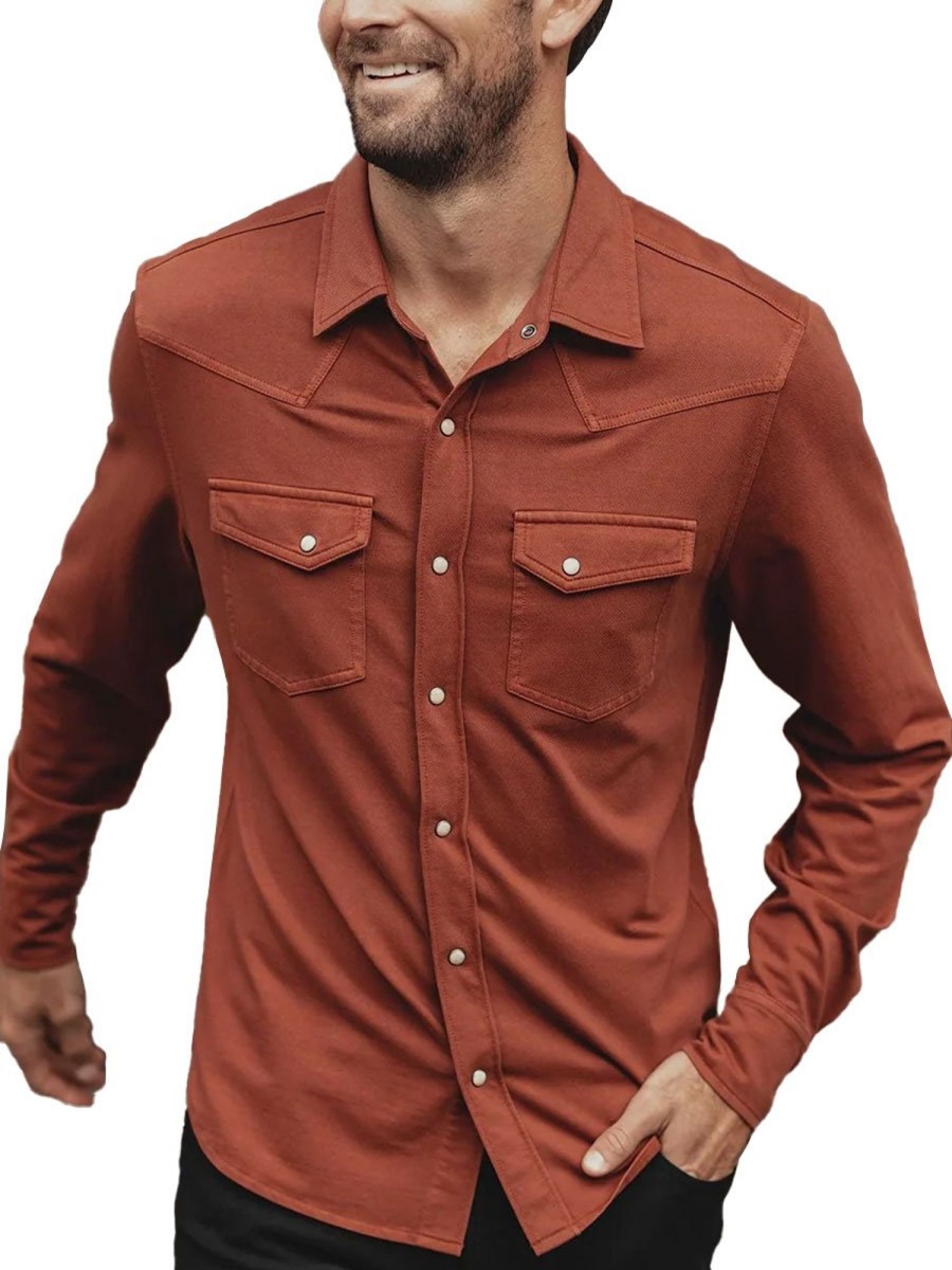 Men BXL Casual Long Sleeve Shirts | Men'S Solid Color Casual Pocket Long Sleeve Shirt Brick Red