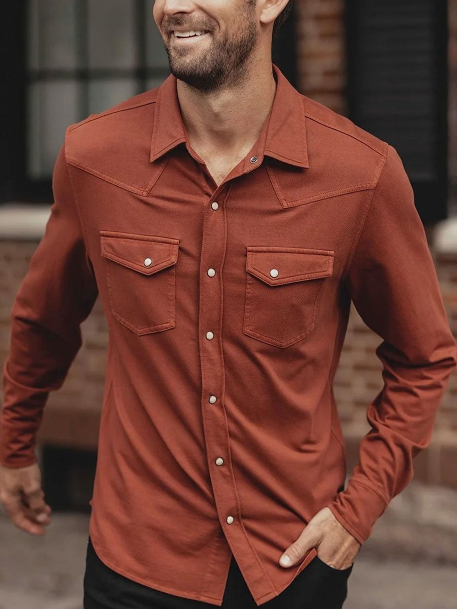 Men BXL Casual Long Sleeve Shirts | Men'S Solid Color Casual Pocket Long Sleeve Shirt Brick Red