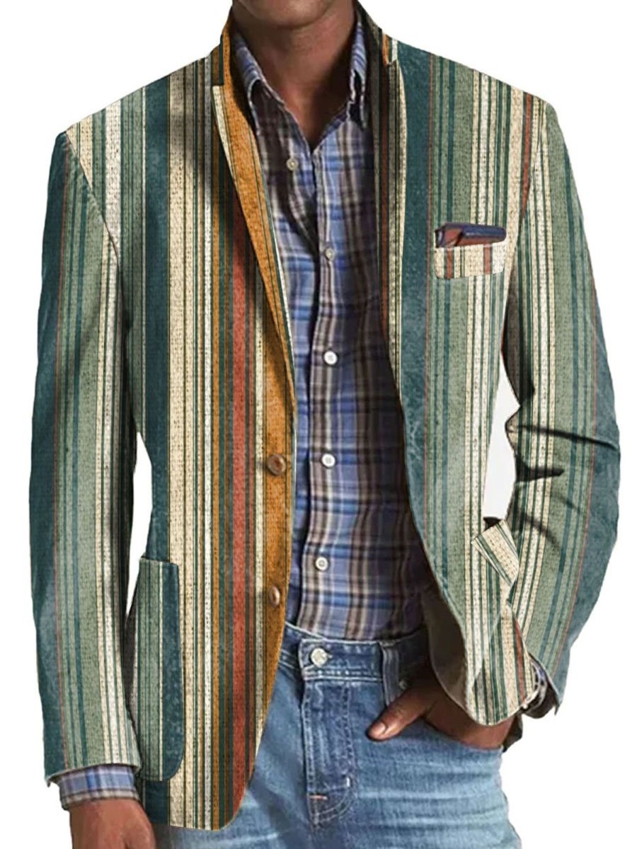 Men BXL Print Jacket | Men'S Retro Colorful Stripe Print Pocket Casual Blazer Photo Color