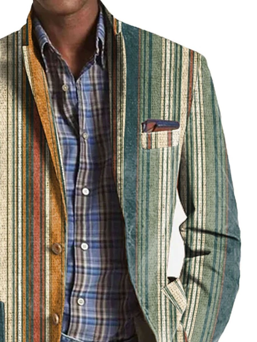 Men BXL Print Jacket | Men'S Retro Colorful Stripe Print Pocket Casual Blazer Photo Color