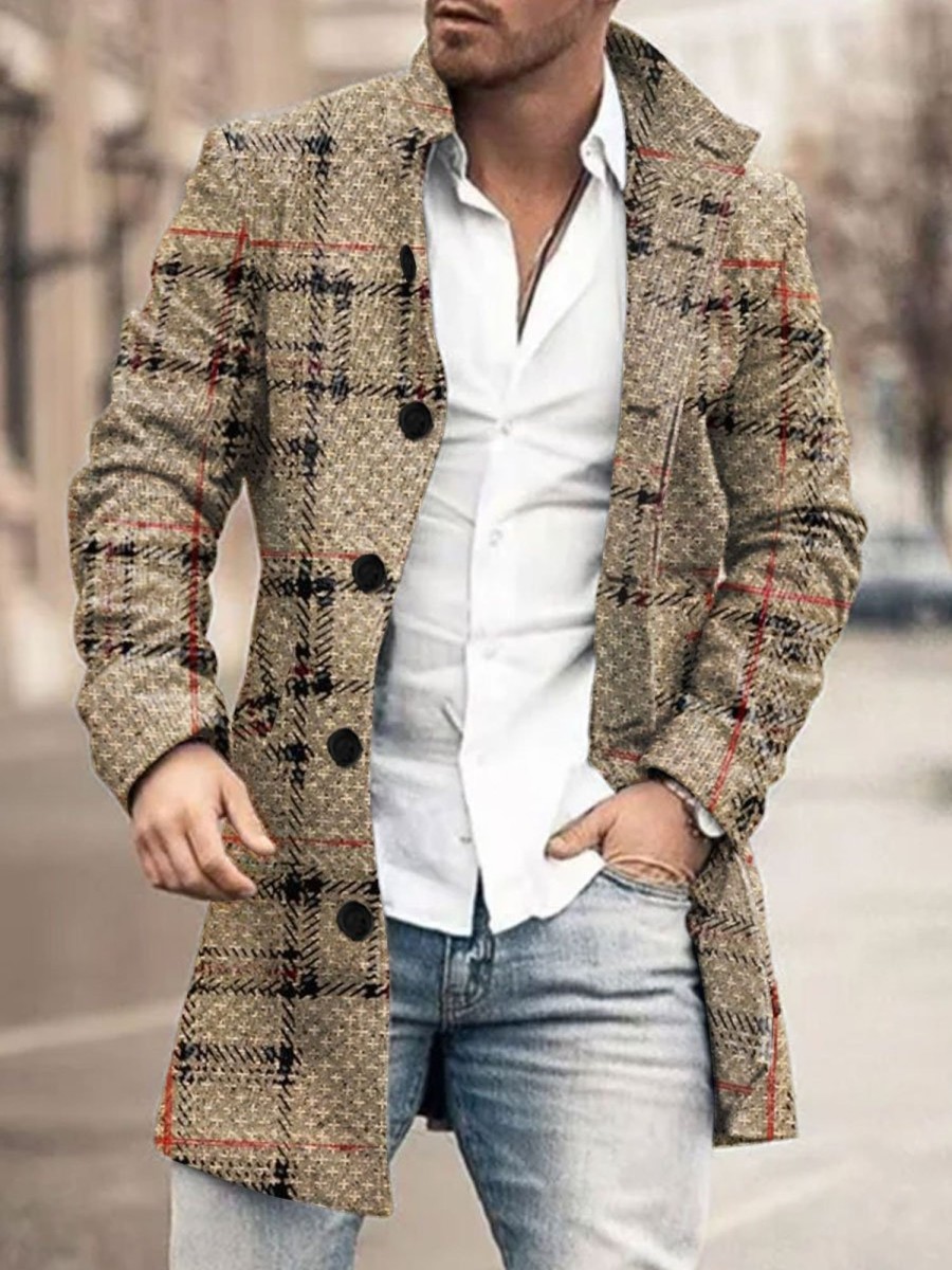 Men BXL Print Jacket | Men'S Casual Button Pocket Vintage Plaid Wool Coat Khaki