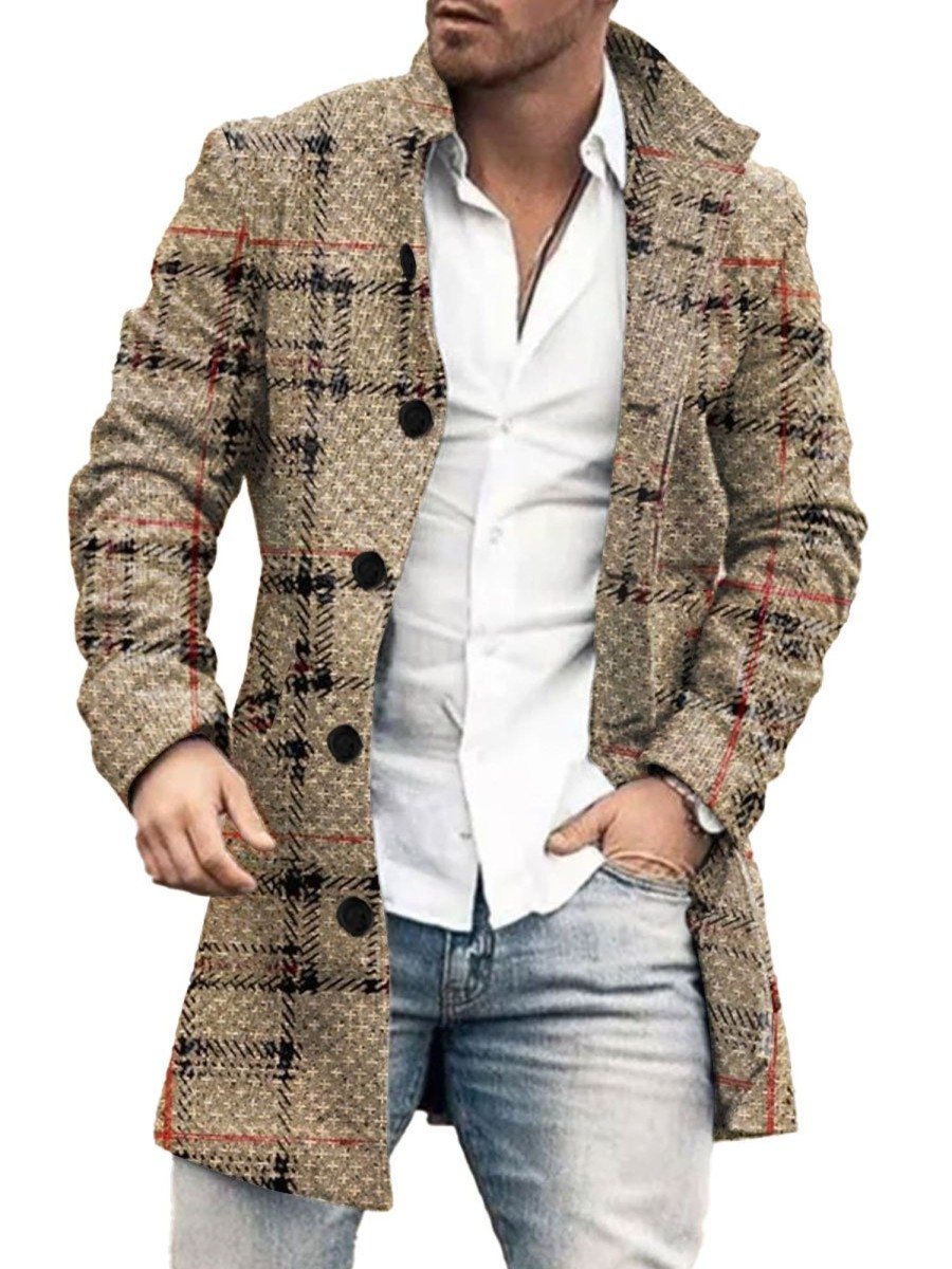 Men BXL Print Jacket | Men'S Casual Button Pocket Vintage Plaid Wool Coat Khaki