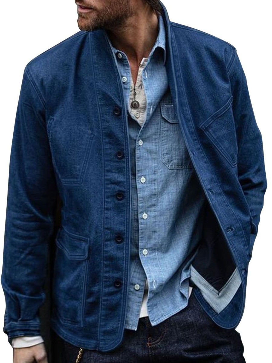 Men BXL Jacket | Vintage Solid Color Cotton Multi-Pocket Single-Breasted Casual Jacket Dark Blue