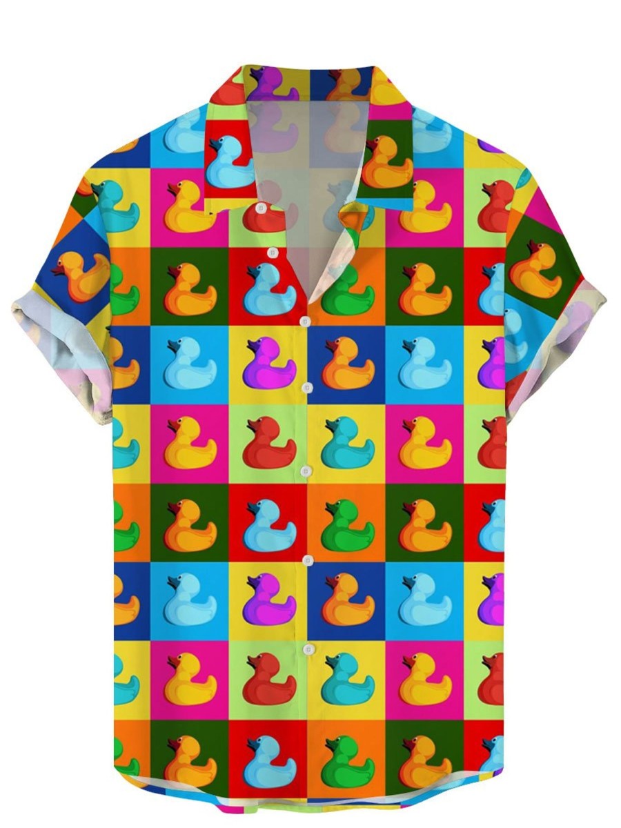 Men TH Shirts | Cartoon Colorful Blocks With Rubber Duck Printing Short Sleeve Shirt Photo Color