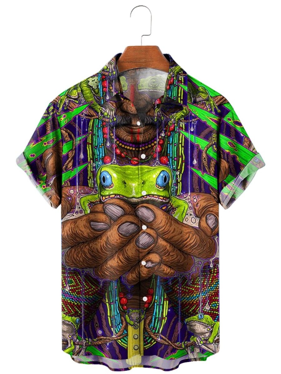 Men XT Shirts | Psychedelic Jungle Frog Print Shirt 14711755X Green