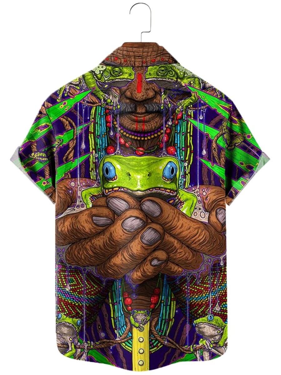 Men XT Shirts | Psychedelic Jungle Frog Print Shirt 14711755X Green