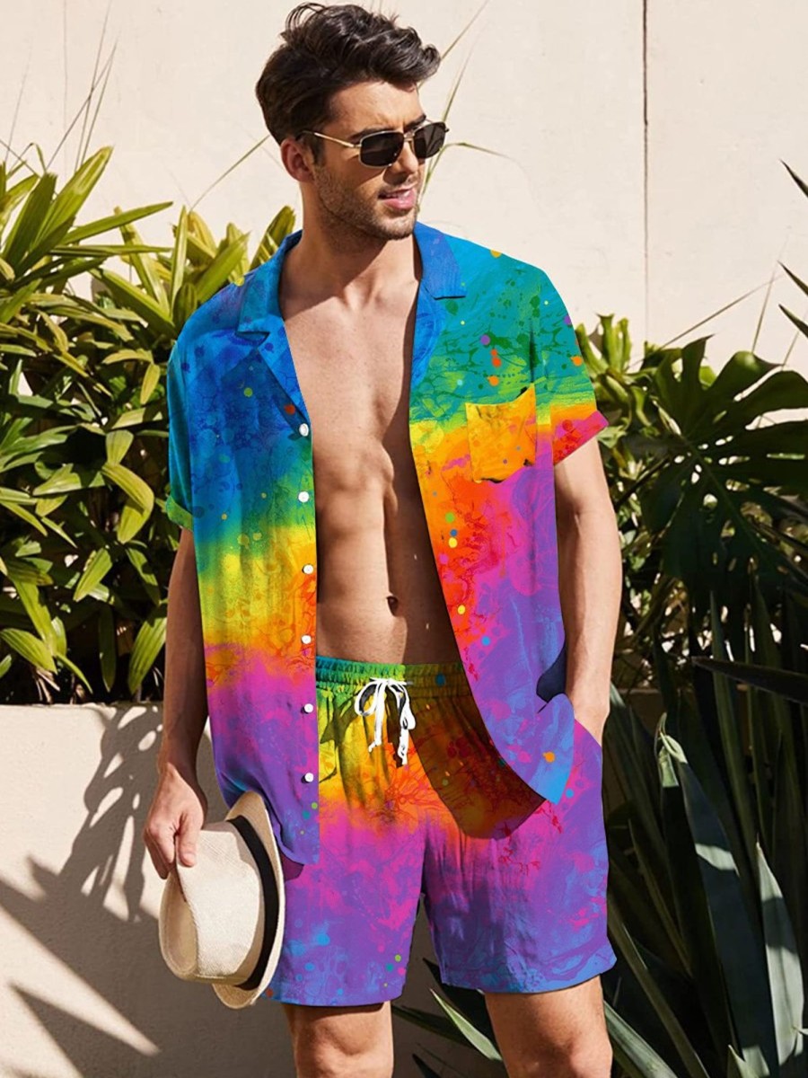 Men HLJ Set | Rainbow Gradient Print Casual Resort Set Iridescent