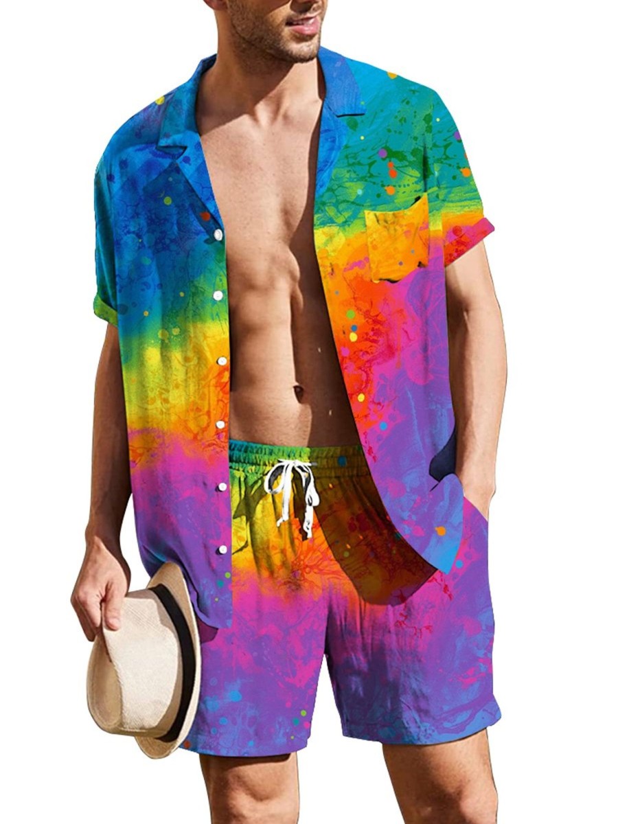 Men HLJ Set | Rainbow Gradient Print Casual Resort Set Iridescent