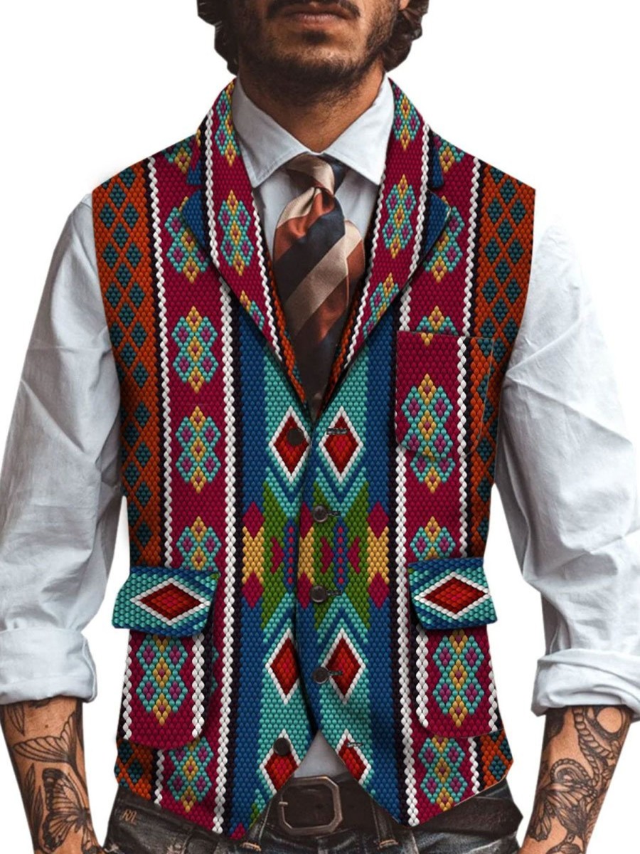 Men BXL Vest | Men'S Retro Ethnic Print Woolen Multi-Pocket Casual Vest Photo Color