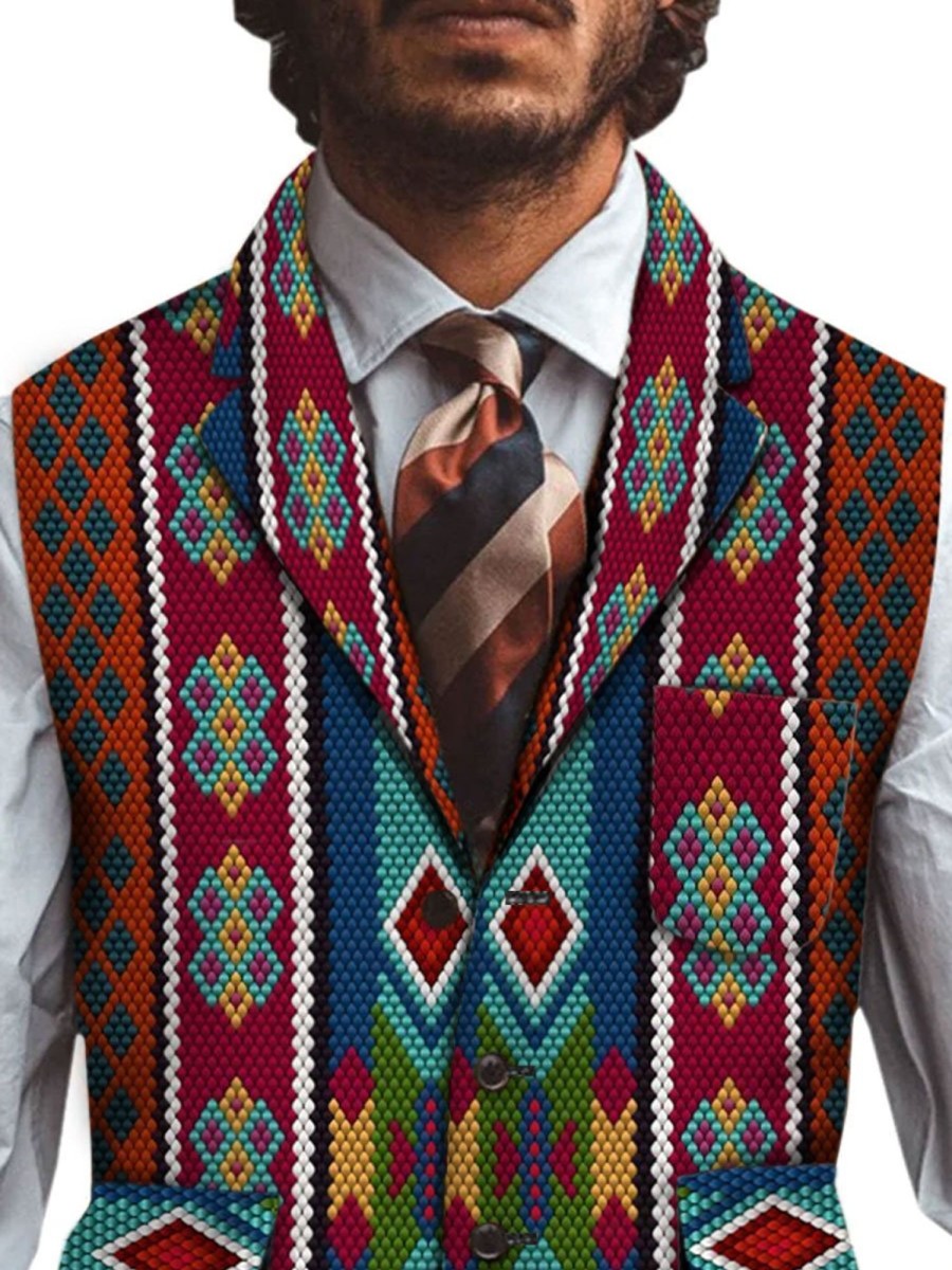 Men BXL Vest | Men'S Retro Ethnic Print Woolen Multi-Pocket Casual Vest Photo Color