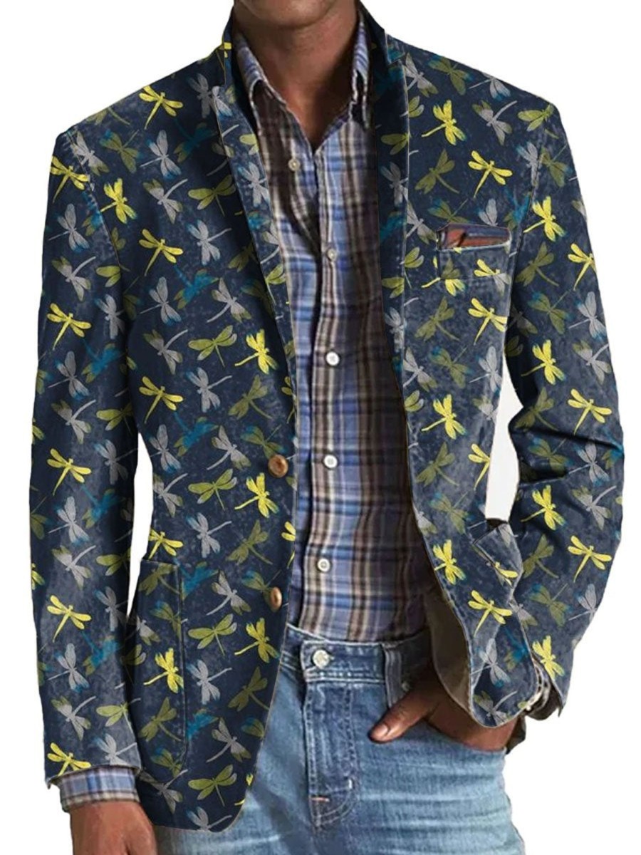 Men DJ Print Jacket | Vintage Dragonfly Print Three-Pocket Lapel Casual Blazer Photo Color