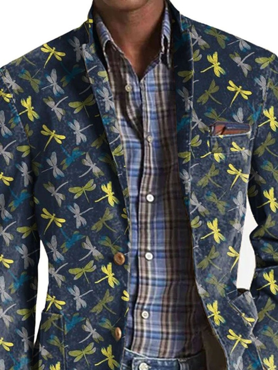 Men DJ Print Jacket | Vintage Dragonfly Print Three-Pocket Lapel Casual Blazer Photo Color