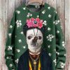 Men DJ Print Sweater | Cute Puppy Print Crew Neck Pullover Sweater Green