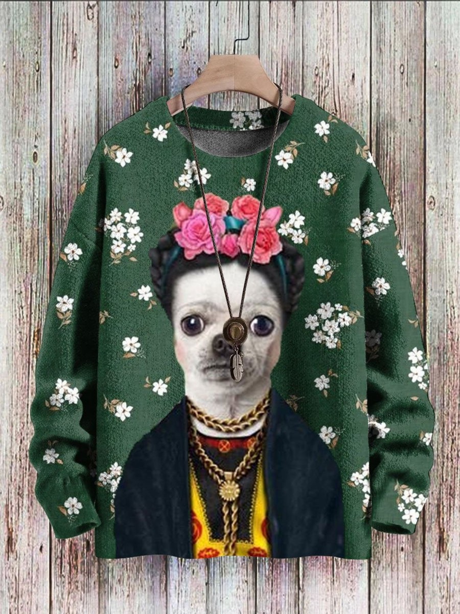 Men DJ Print Sweater | Cute Puppy Print Crew Neck Pullover Sweater Green