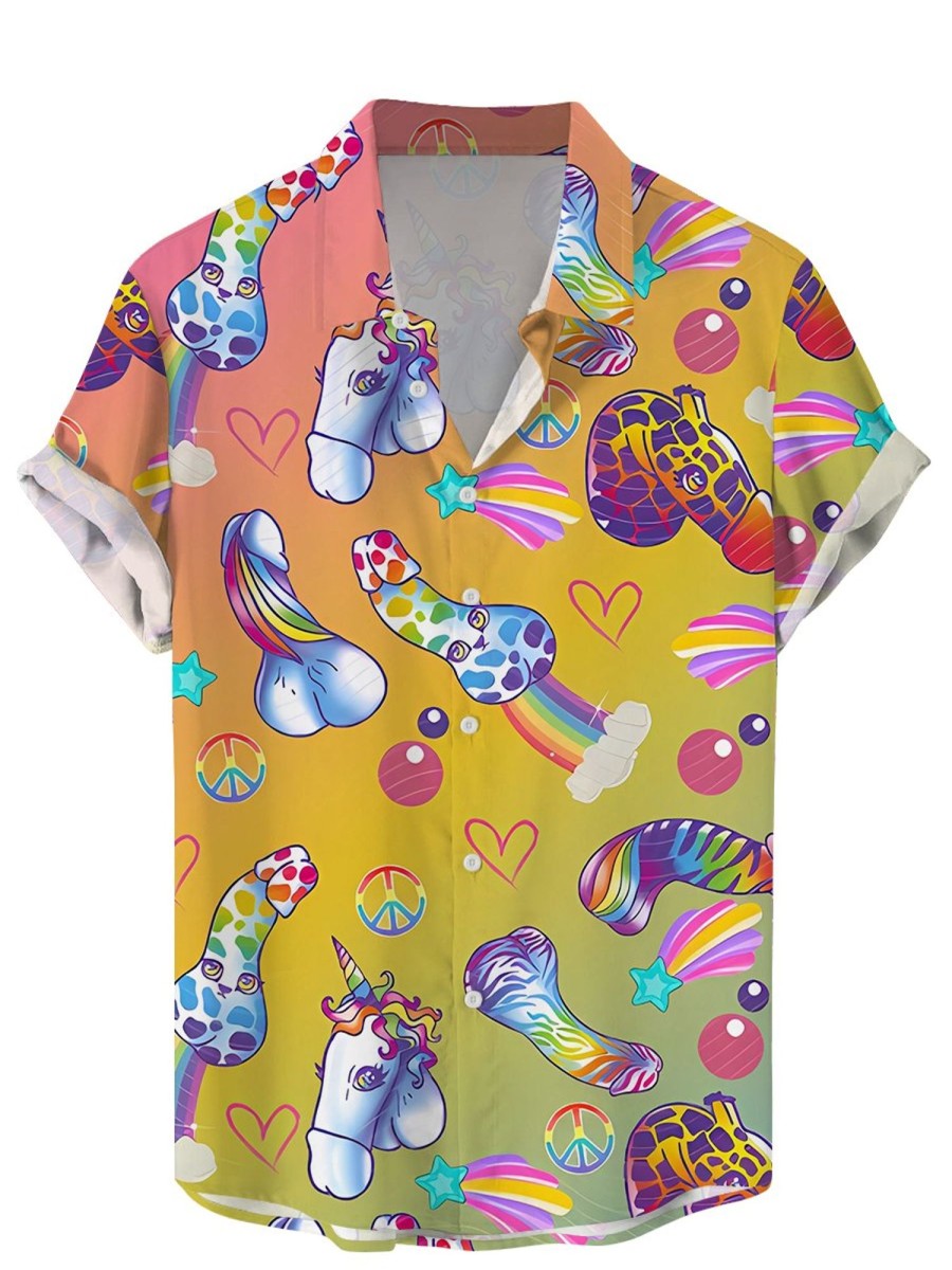 Men DJ Shirts | Rainbow Horse Cocke Print Casual Short-Sleeved Shirt Photo Color