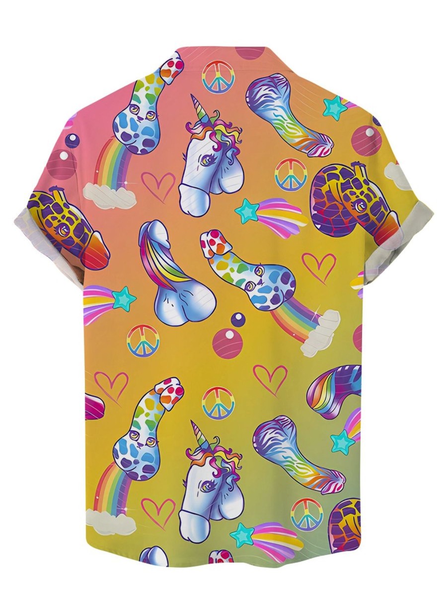 Men DJ Shirts | Rainbow Horse Cocke Print Casual Short-Sleeved Shirt Photo Color