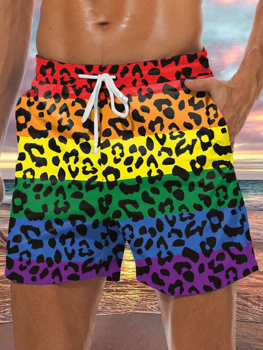 Men DJ Shorts | Rainbow Leopard Print Pocket Tie Shorts Photo Color