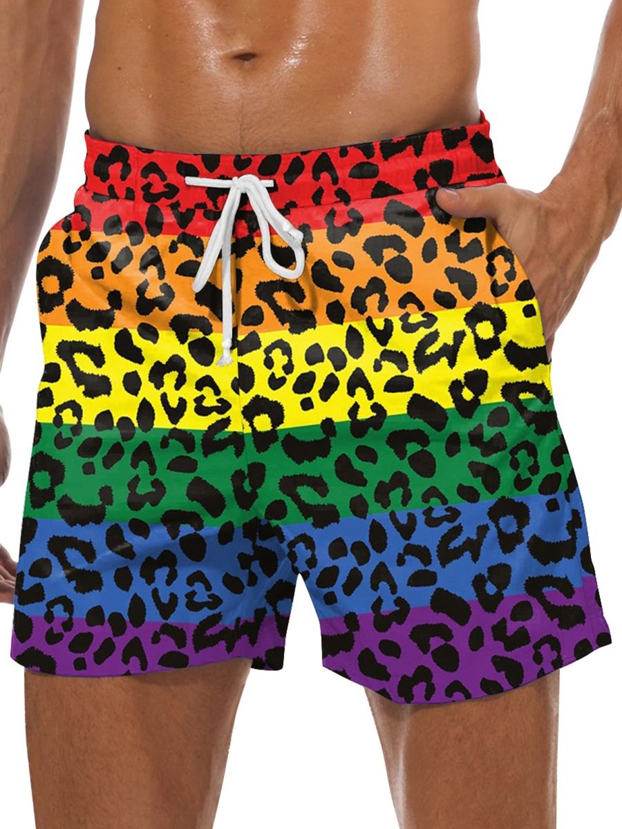 Men DJ Shorts | Rainbow Leopard Print Pocket Tie Shorts Photo Color