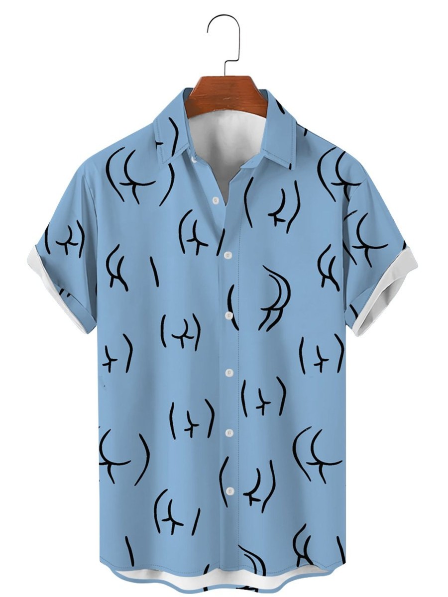 Men DJ Shirts | Creative Sexy Butt Print Casual Short Sleeve Shirt Blue